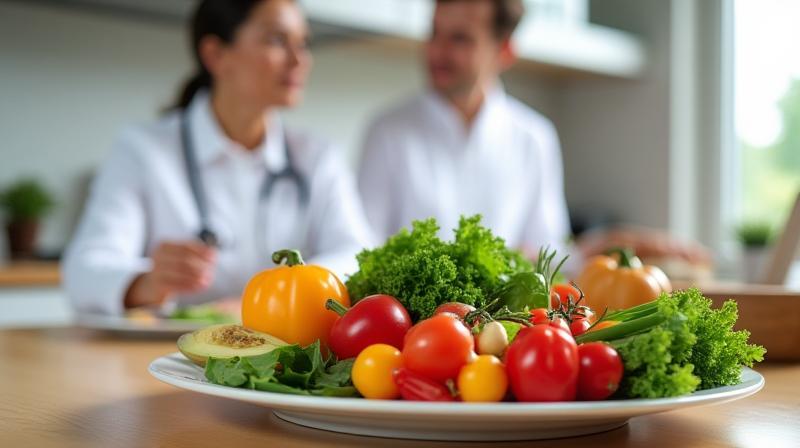 Assiette colorée d’aliments sains et diététicienne conseillant un client
